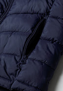Men padded hooded jacket navy in lightweight padded construction with horizontal quilting and zip pockets. Warm and practical.