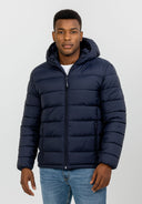 Men padded hooded jacket navy with lightweight padded construction and cosy hood, designed for warmth and comfort.