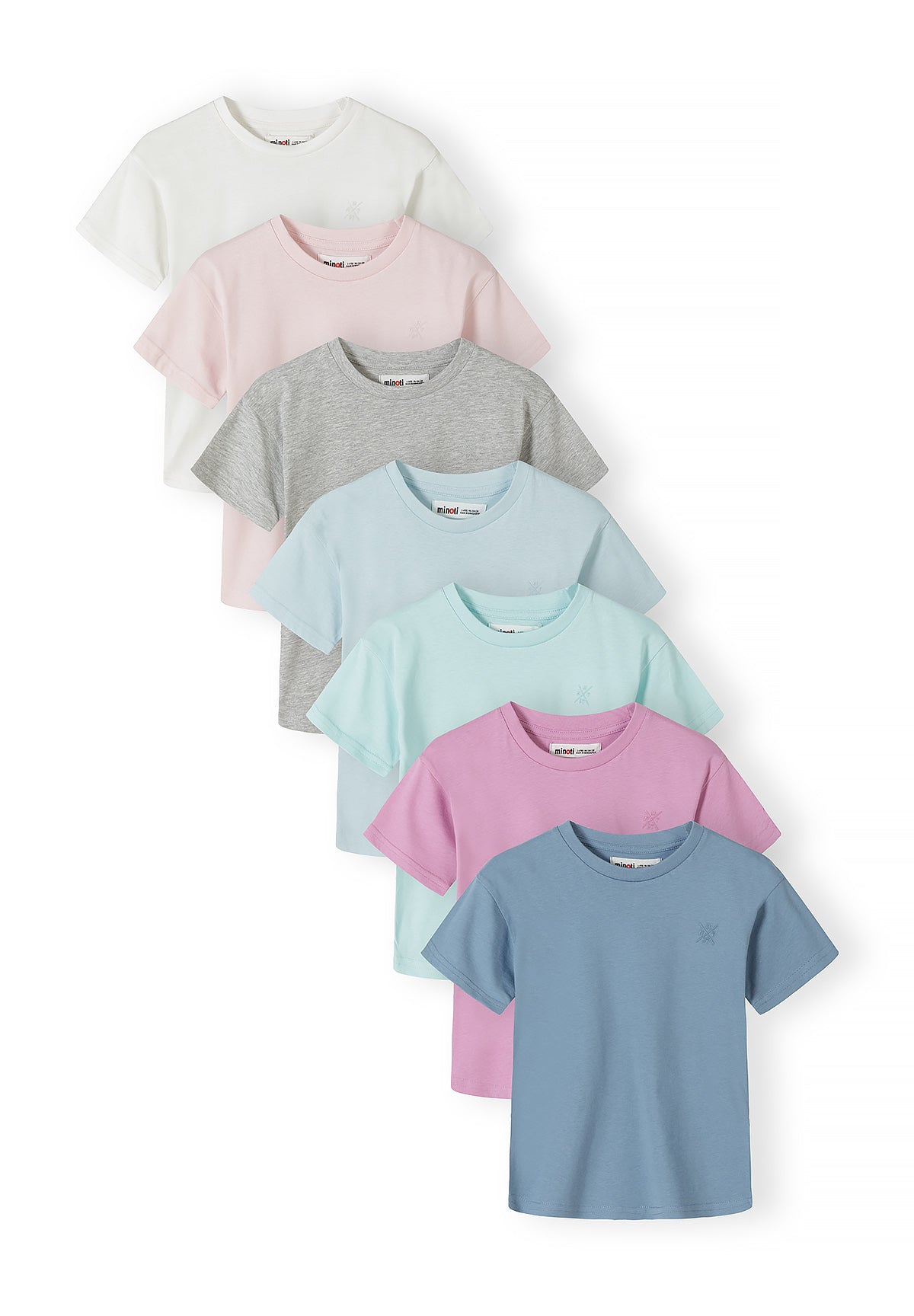 Seven Minoti basic cotton t-shirts fanned out showing multicolour range in soft pastels including white, pink, grey, light blue, mint green, lilac and dusty blue on white background