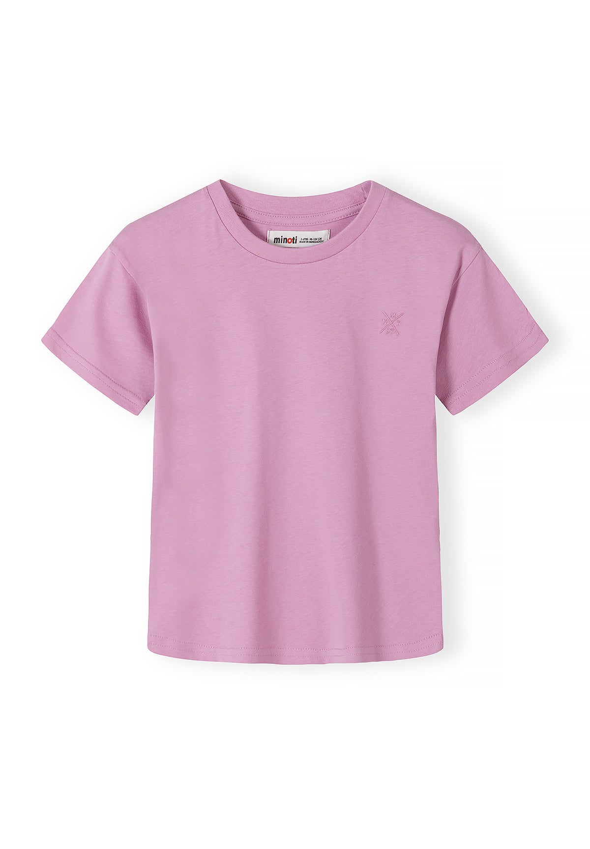 Close-up detail of dusty blue Minoti t-shirt showing crew neckline with brand label and small embroidered cross logo on chest