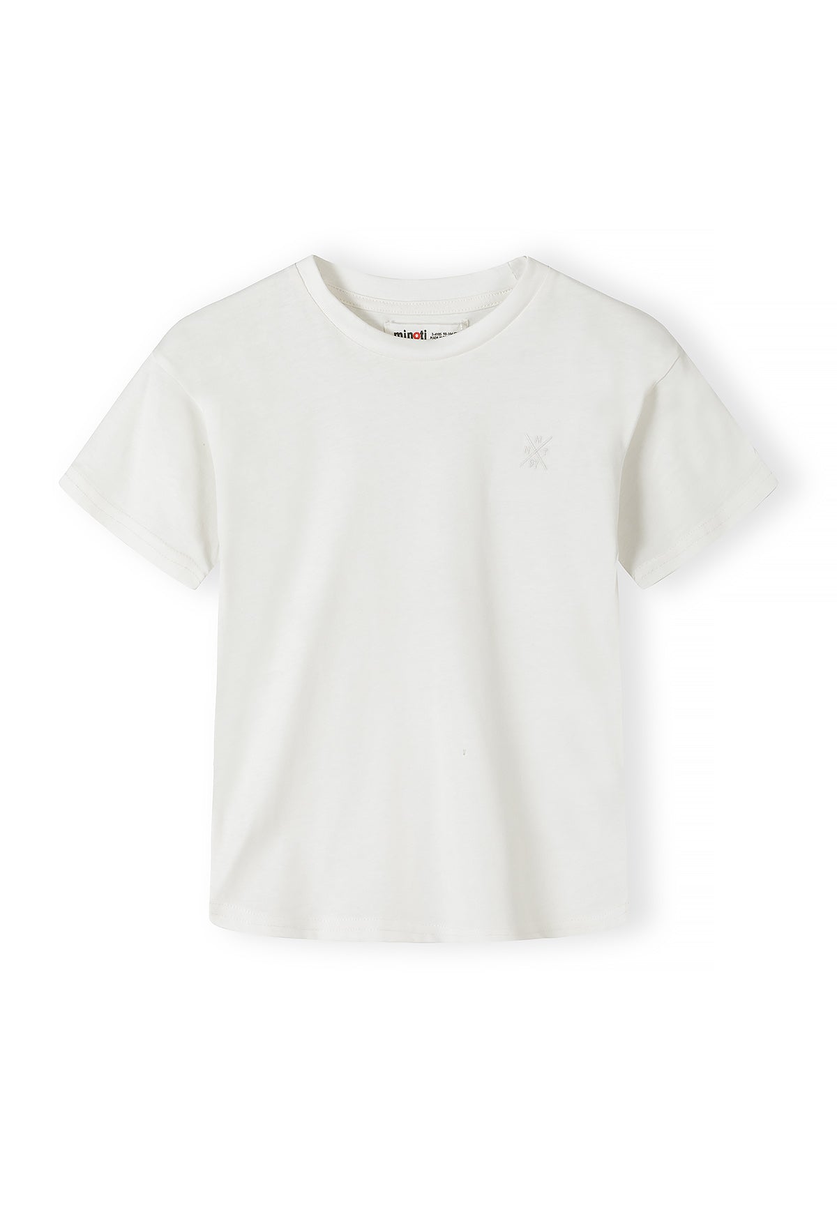 Close-up detail of dusty blue Minoti t-shirt showing crew neckline with brand label and small embroidered cross logo on chest