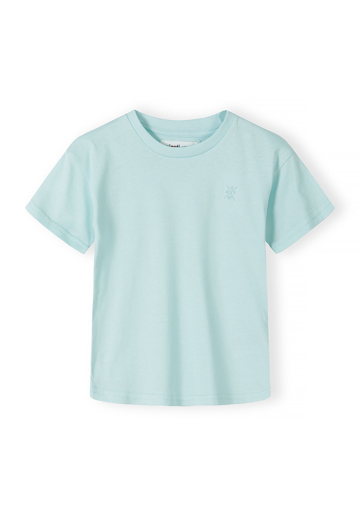 Close-up detail of dusty blue Minoti t-shirt showing crew neckline with brand label and small embroidered cross logo on chest