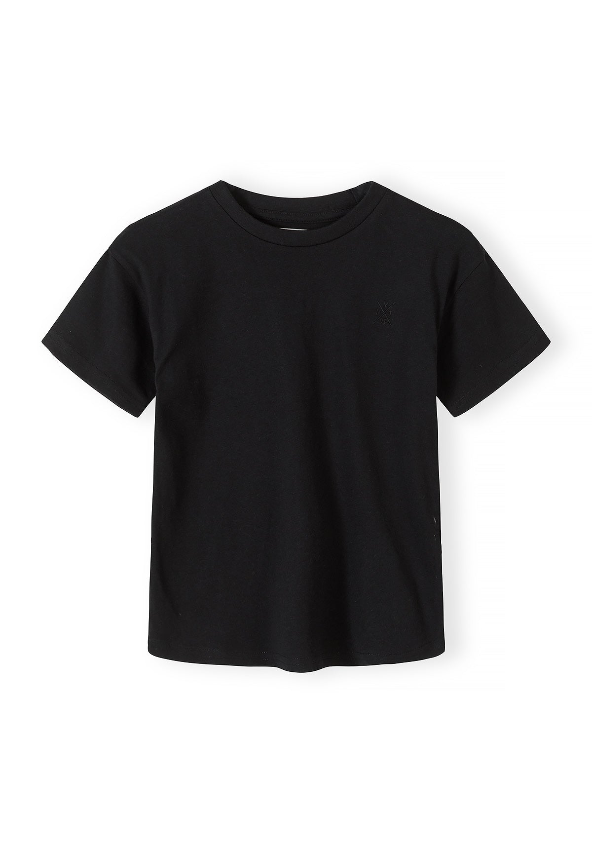 Close-up detail of white cotton t-shirt showing Minoti brand label at neckline and small embroidered cross logo on chest area