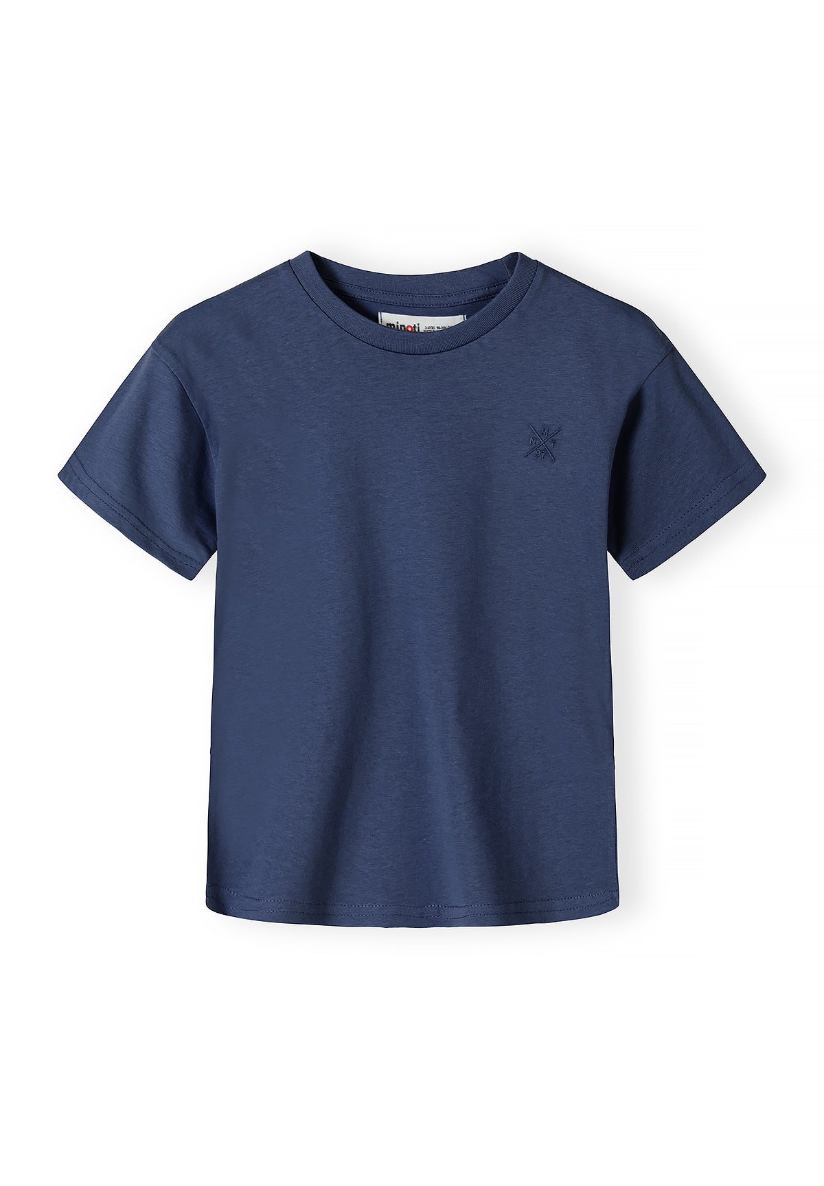 Close-up detail of blue cotton t-shirt showing subtle cross logo embossed on chest area with Minoti label visible at neckline