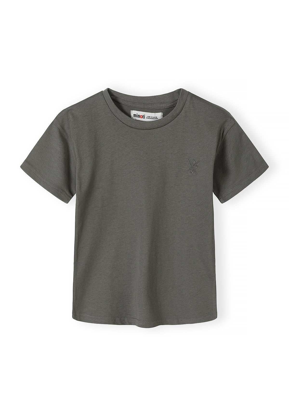 Close-up detail of blue cotton t-shirt showing subtle cross logo embossed on chest area with Minoti label visible at neckline