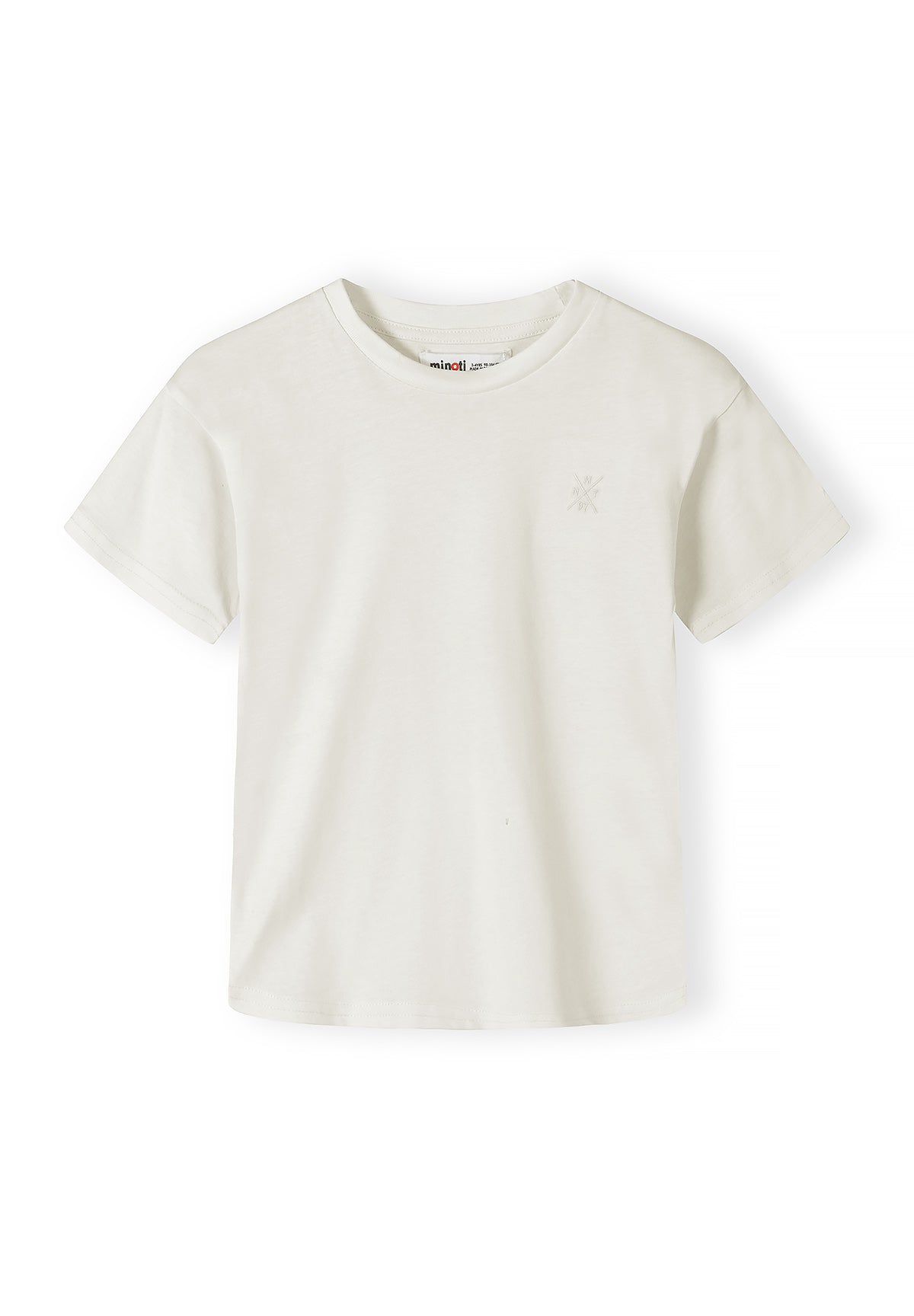 Close-up detail of blue cotton t-shirt showing subtle cross logo embossed on chest area with Minoti label visible at neckline