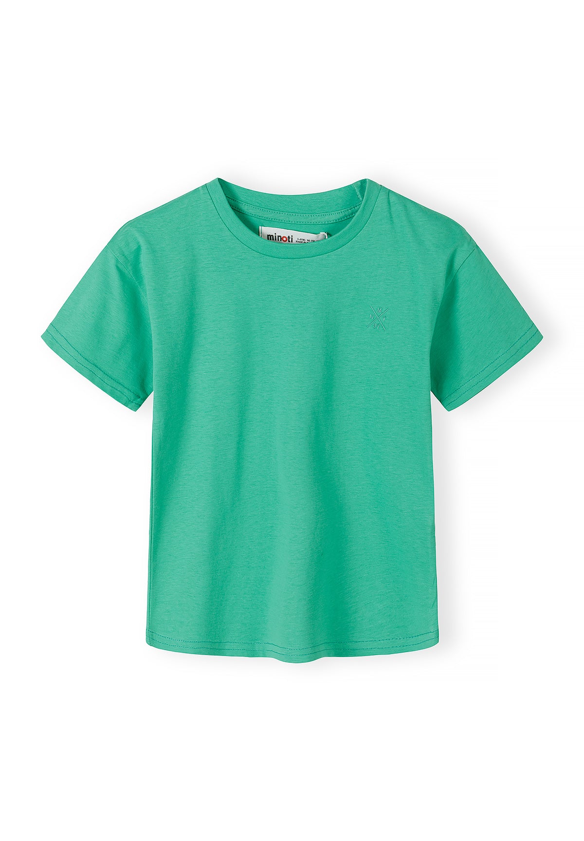 Single green cotton t-shirt with crew neck and short sleeves showing Minoti label detail