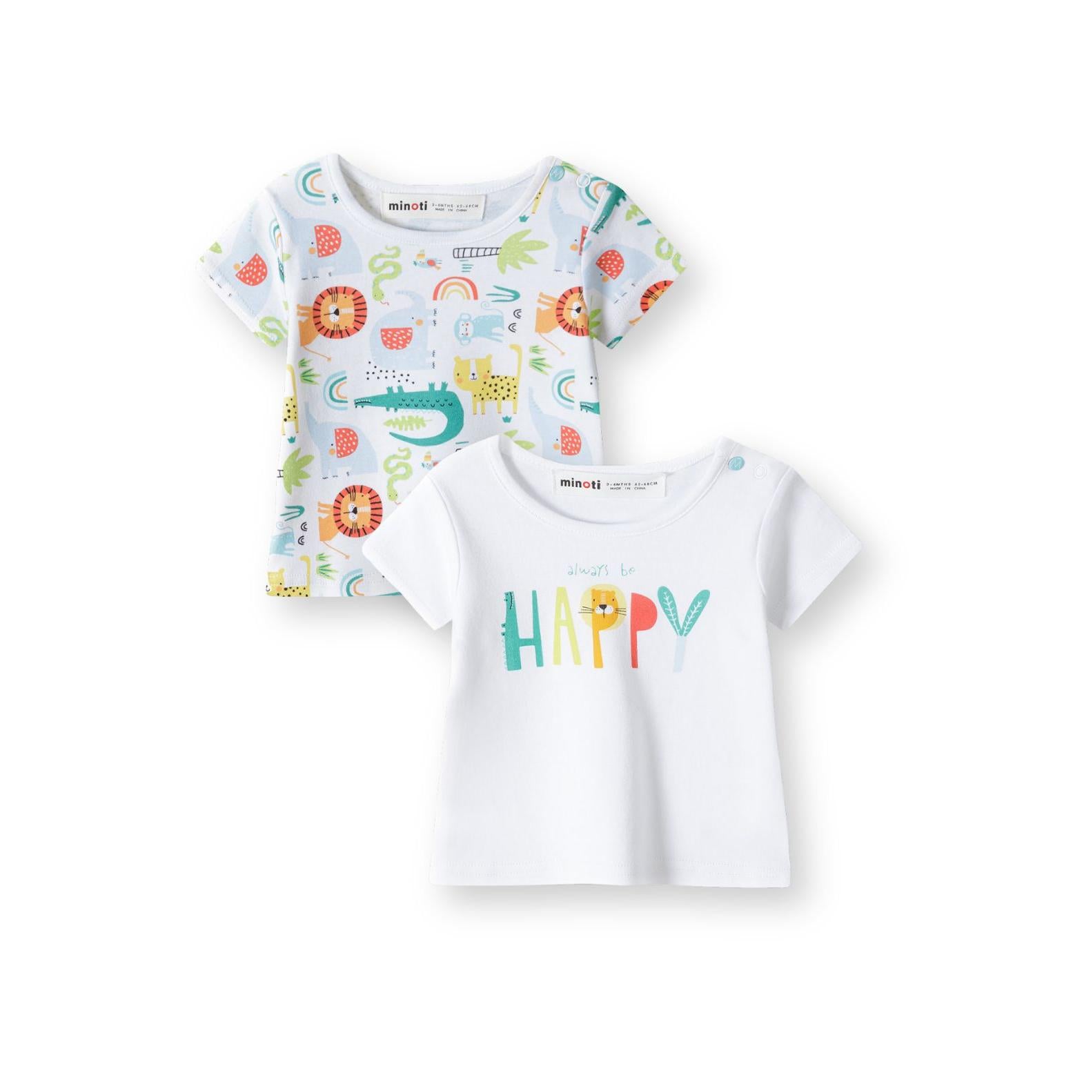 Two baby t-shirts displayed against white background - one with colourful animal print pattern featuring lions, crocodiles and rainbows, one plain white with HAPPY text in bright letters
