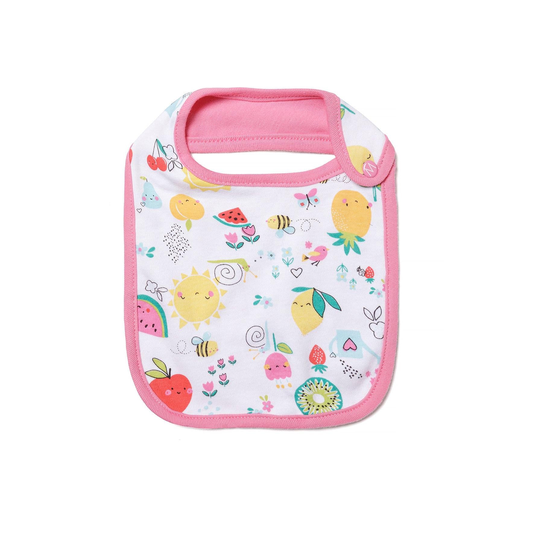 White baby bib with allover print of colorful fruits, animals and characters including pineapple, watermelon, apple, sun and bees with pink binding