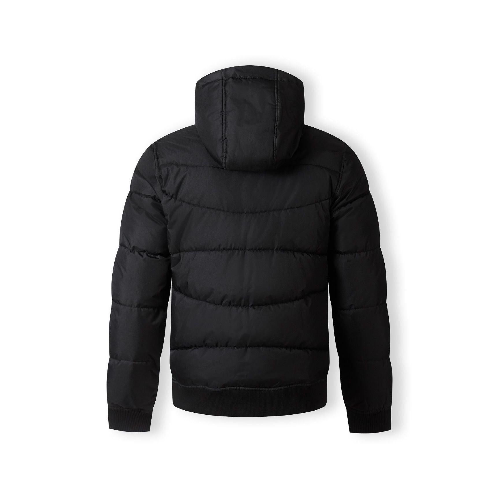 Close-up detail of black fabric patch with RSPF 96 brand authentic worldwear logo embossed on padded jacket material