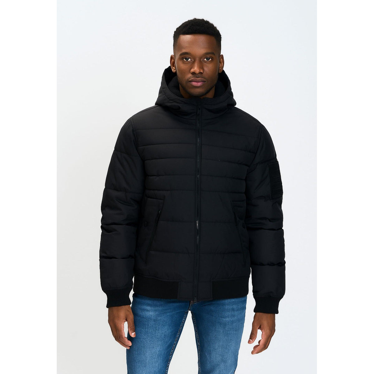 Men's puffer jacket in black — complete product view for square Shop card