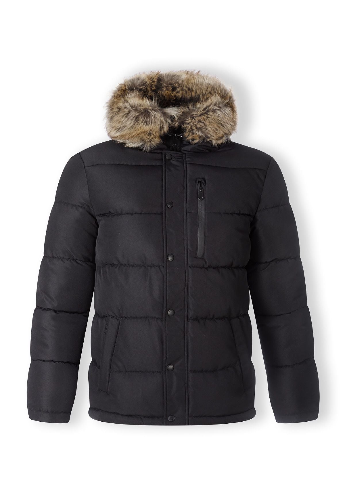 Front of a black puffer jacket.