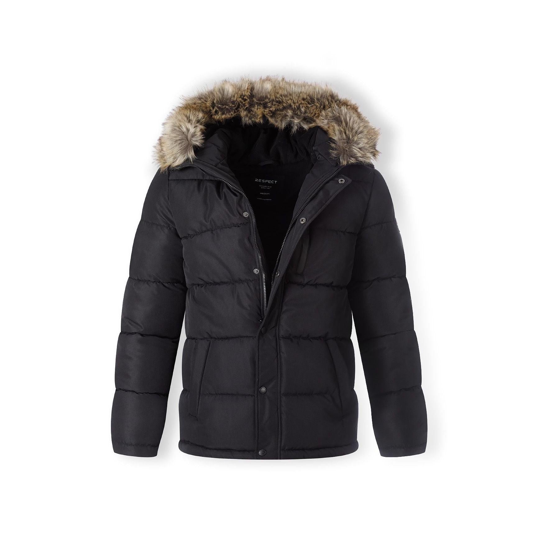 Black padded jacket laid flat showing quilted construction, faux fur hood trim and front zip closure on white background