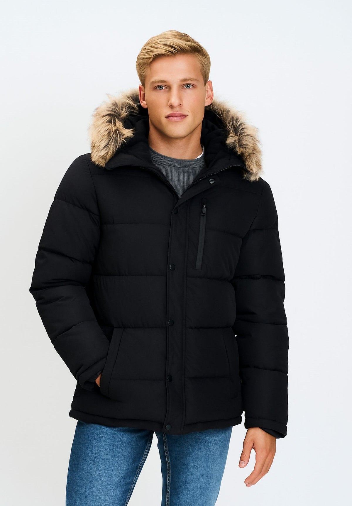 Men's black puffer jacket, shown worn.