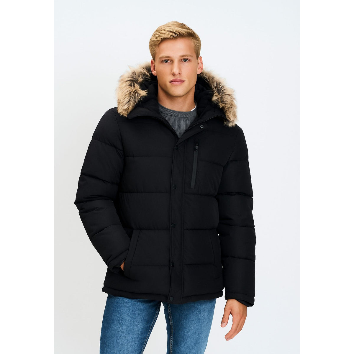 Men's puffer jacket in black — complete product view for square Shop card