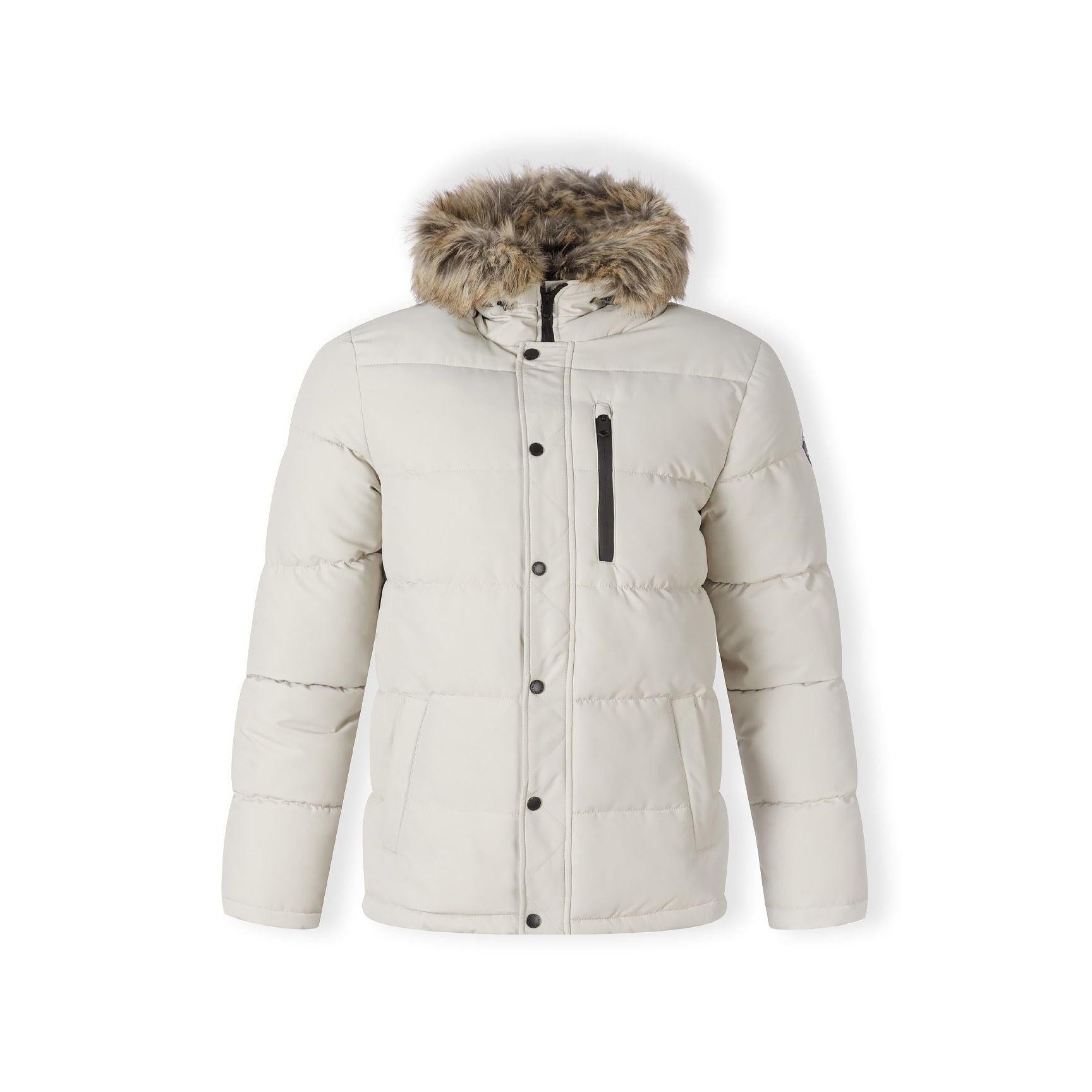 Grey padded jacket laid flat showing full design with faux fur hood trim and black interior lining