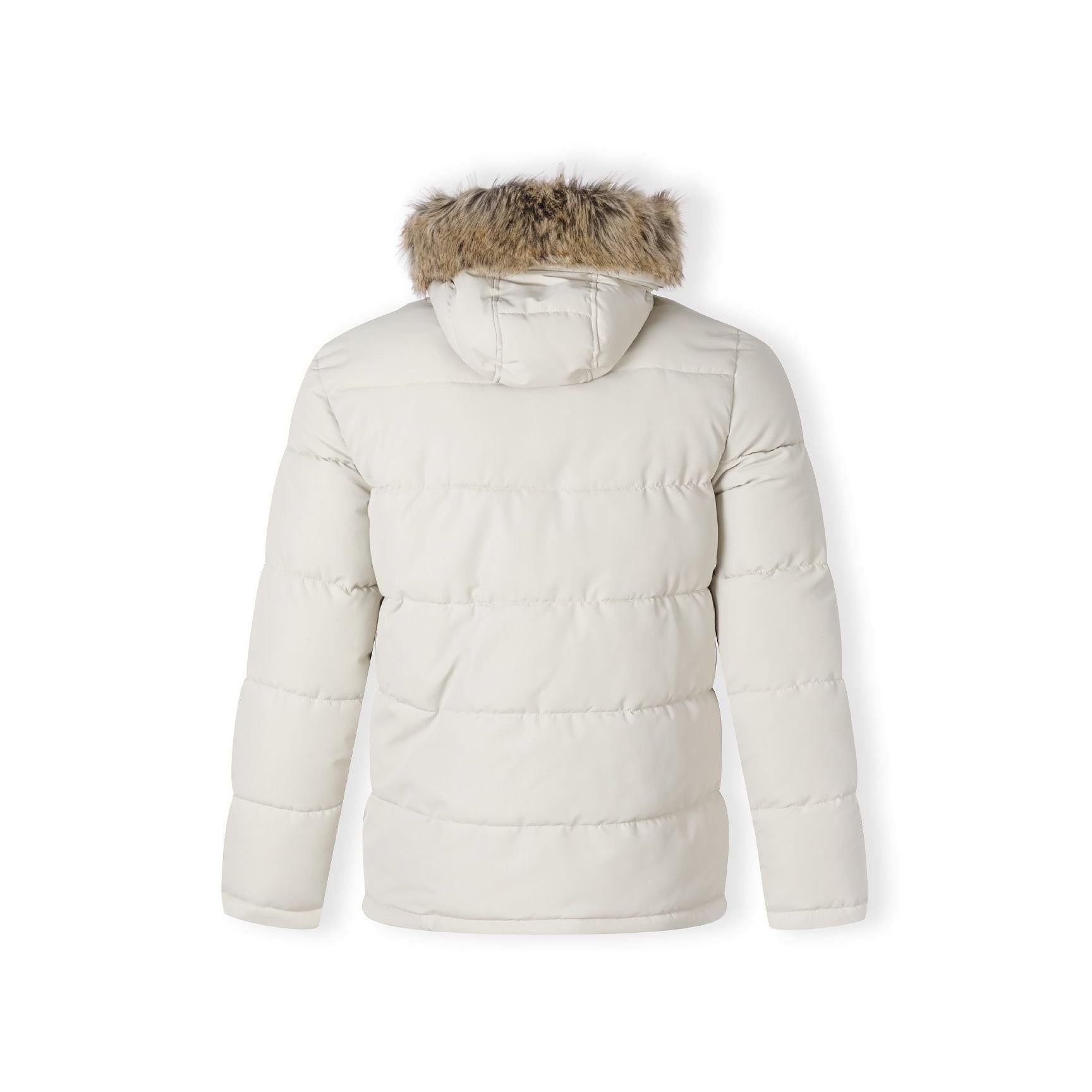 Close-up detail of grey padded jacket showing chest zip pocket, quilted texture and faux fur hood trim