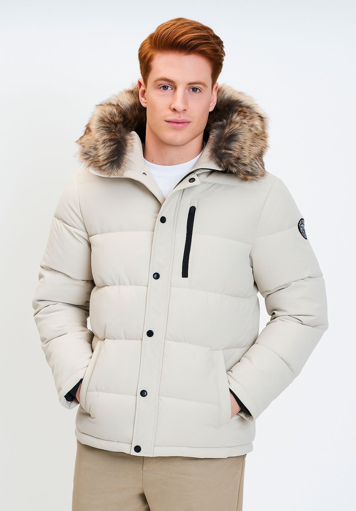Men's cream puffer jacket, shown worn.