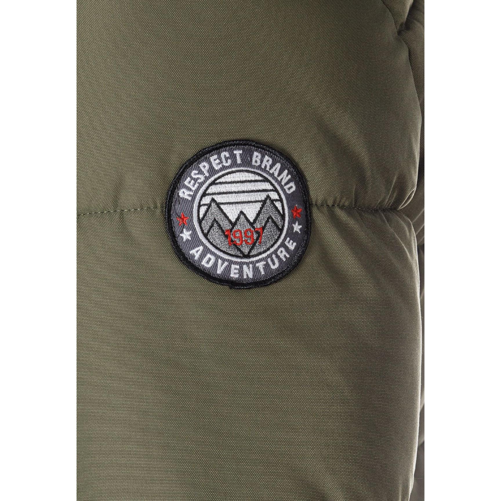 Close-up detail of khaki padded jacket showing zip chest pocket, quilted stitching pattern and faux fur hood trim