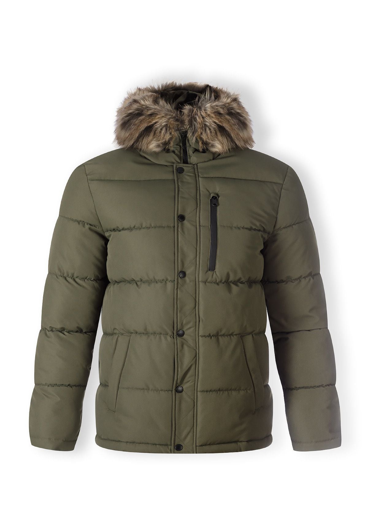 Front of a khaki puffer jacket.