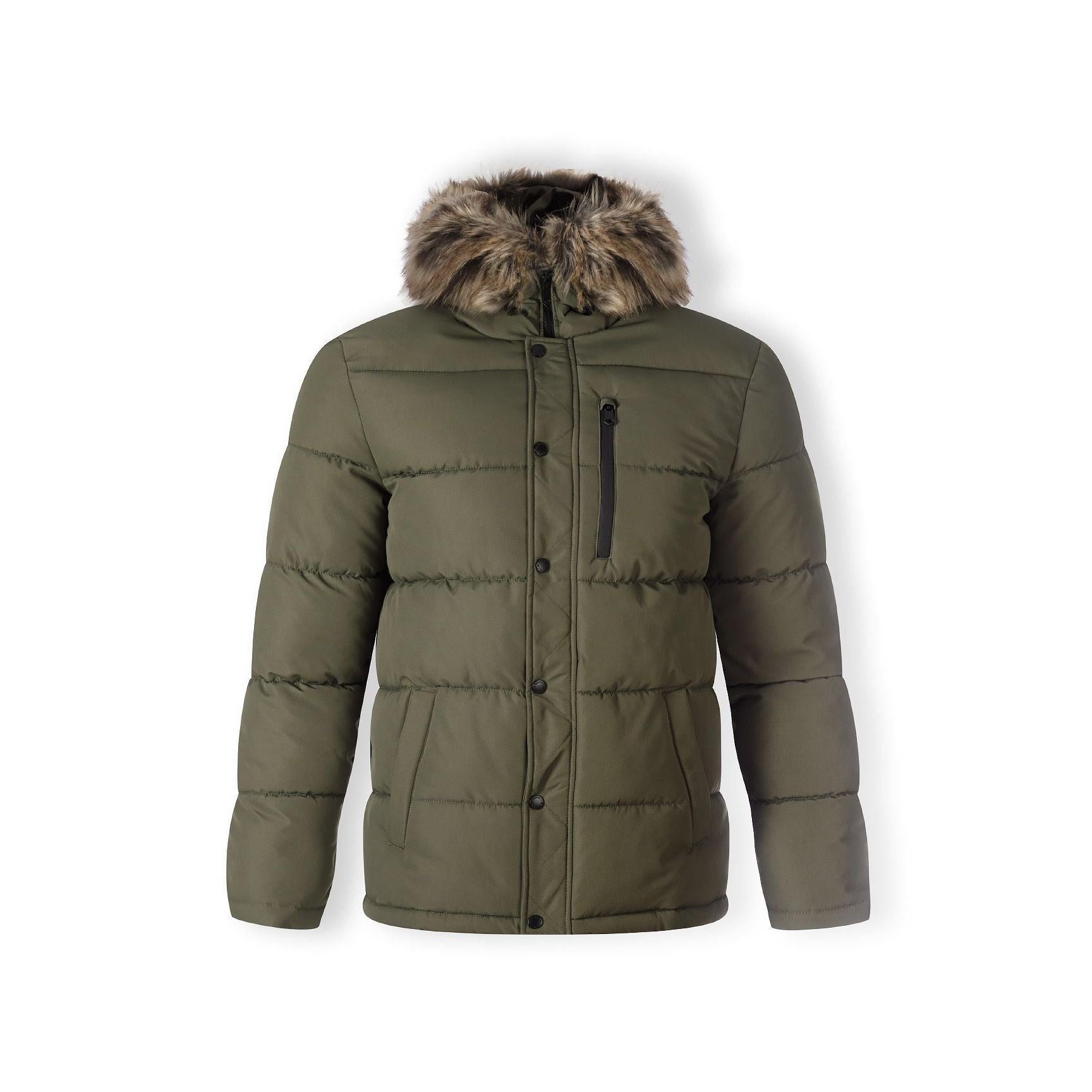 Men's khaki padded jacket with faux fur trimmed hood, zip chest pocket, and ribbed cuffs.