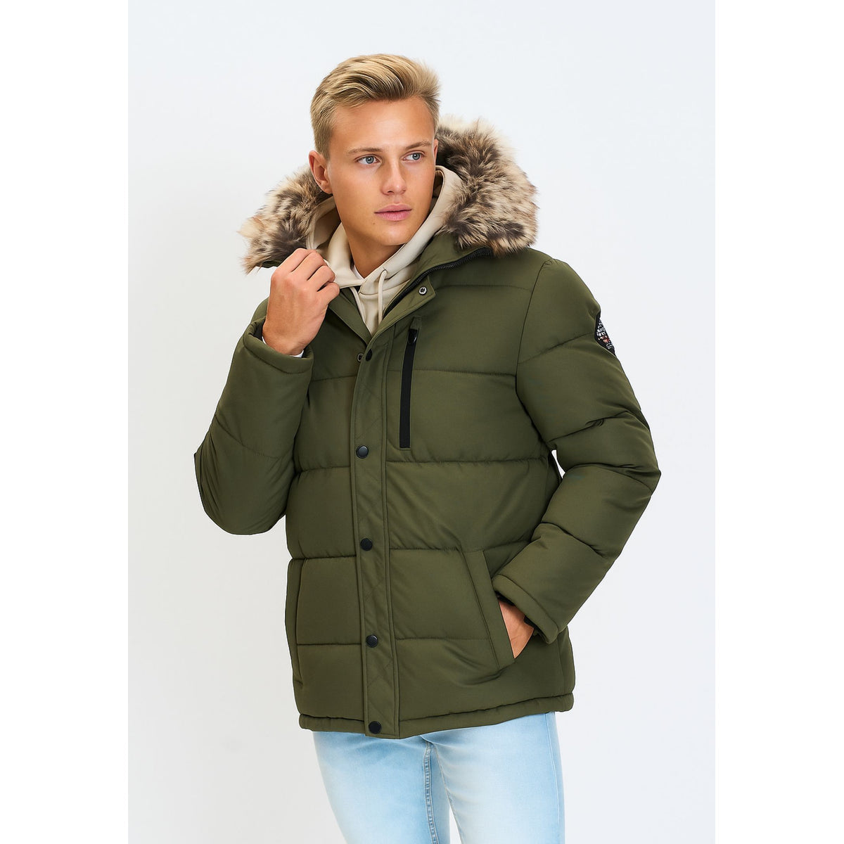 Men's puffer jacket in khaki — complete product view for square Shop card