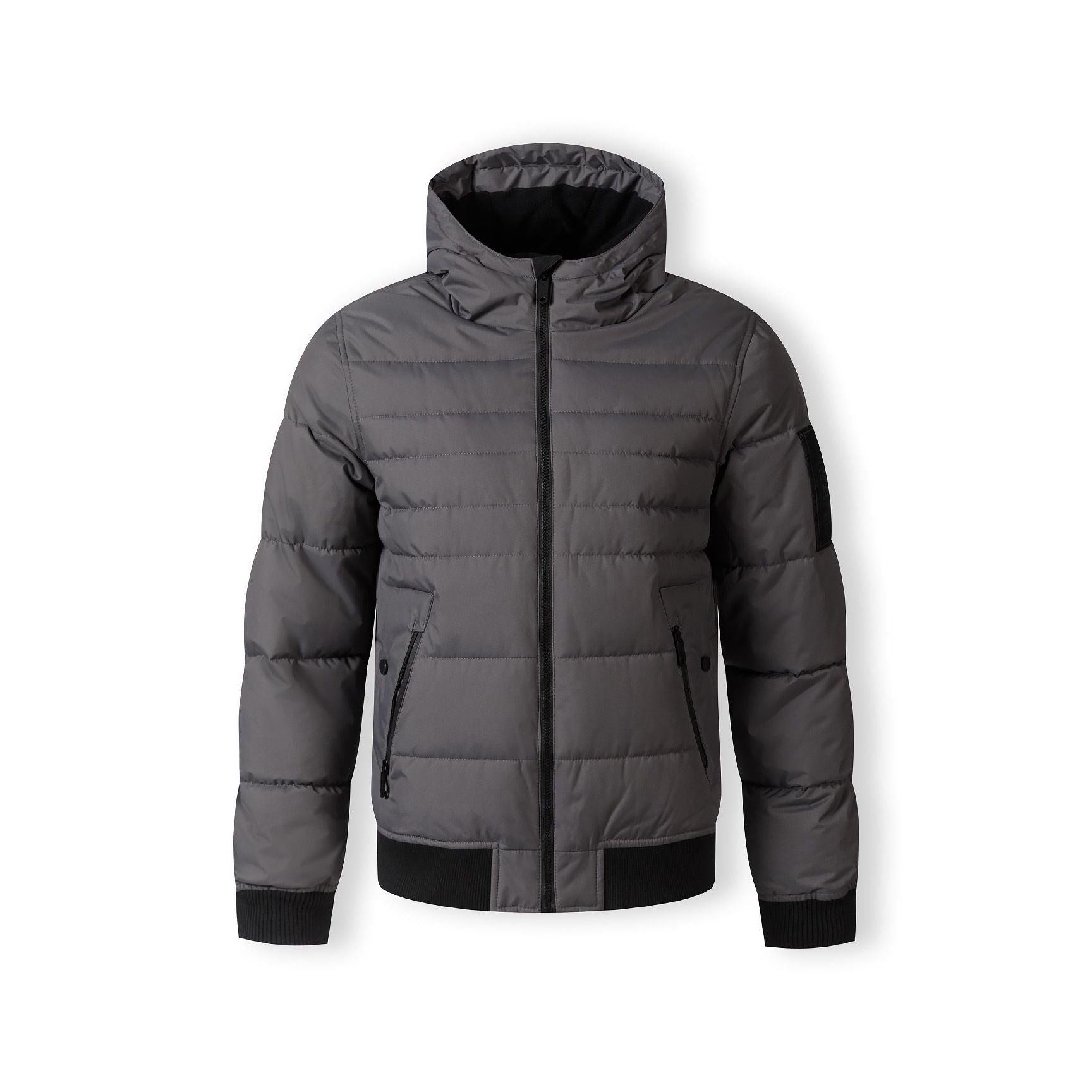 Men's grey padded jacket with hood, ribbed cuffs/hem, zippered pockets, and sleeve badge.