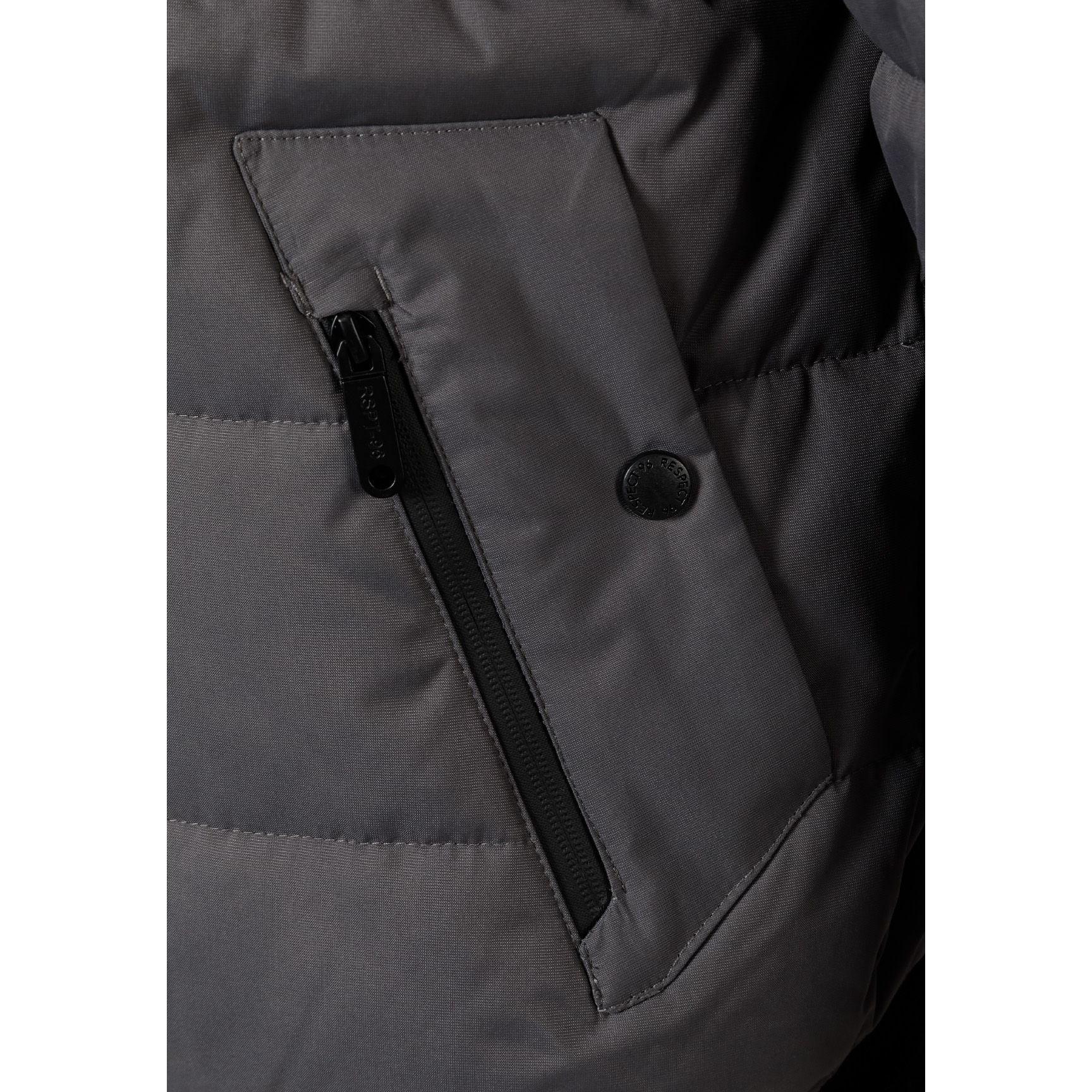 Close-up detail of black velcro patch with RSPL-9 brand logo on grey jacket sleeve