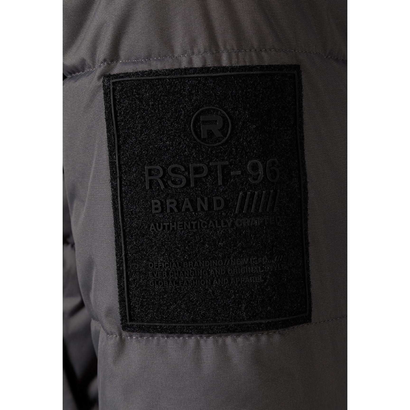Close-up detail of black velcro patch with RSPL-9 brand logo on grey jacket sleeve