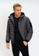 Men's grey padded jacket with hood, featuring ribbed cuffs and zippered pockets.