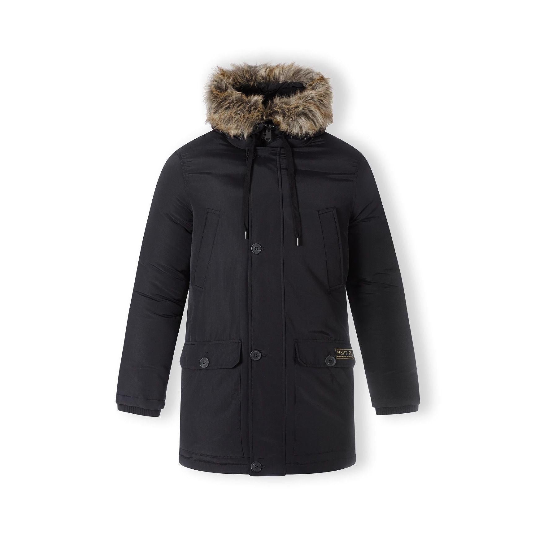 Men's black padded parka jacket with a brown faux fur hood, multiple pockets, and button closure.