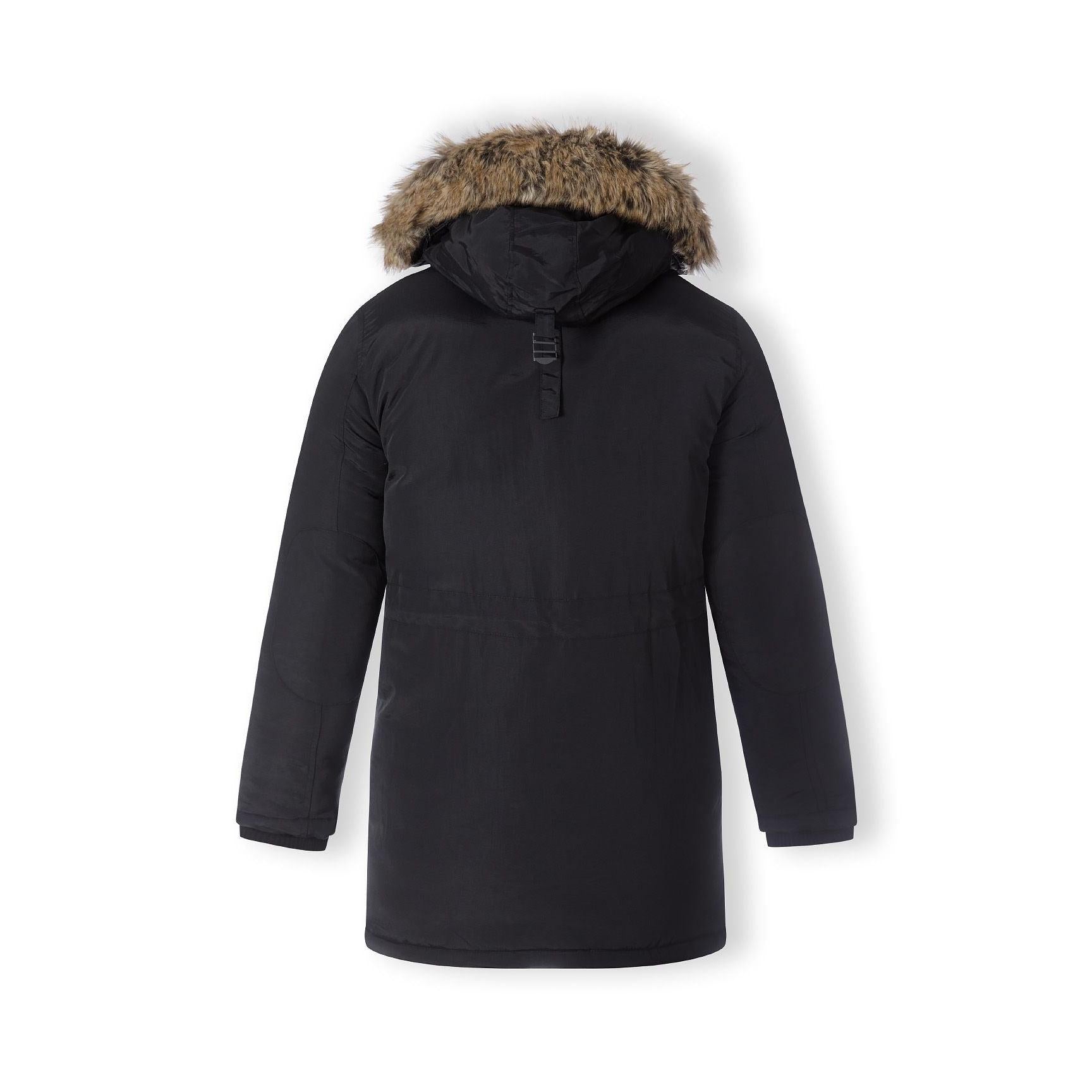 Black padded parka jacket laid flat showing back view with hood and faux fur trim detail against white background