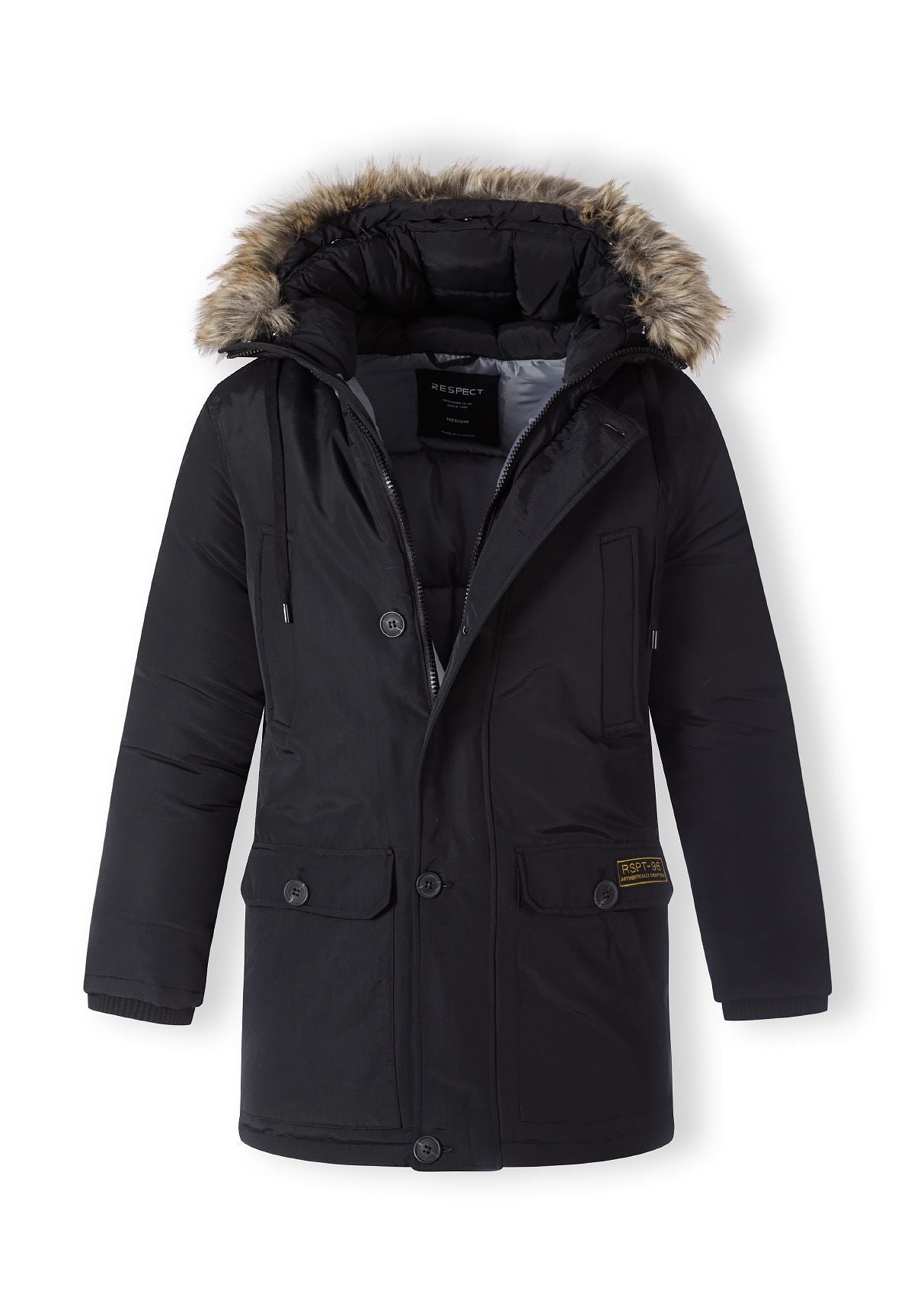 The black parka shown open to reveal the inside.