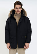 Men's black padded parka jacket with faux fur hood, front view, featuring quilted design and two external pockets.