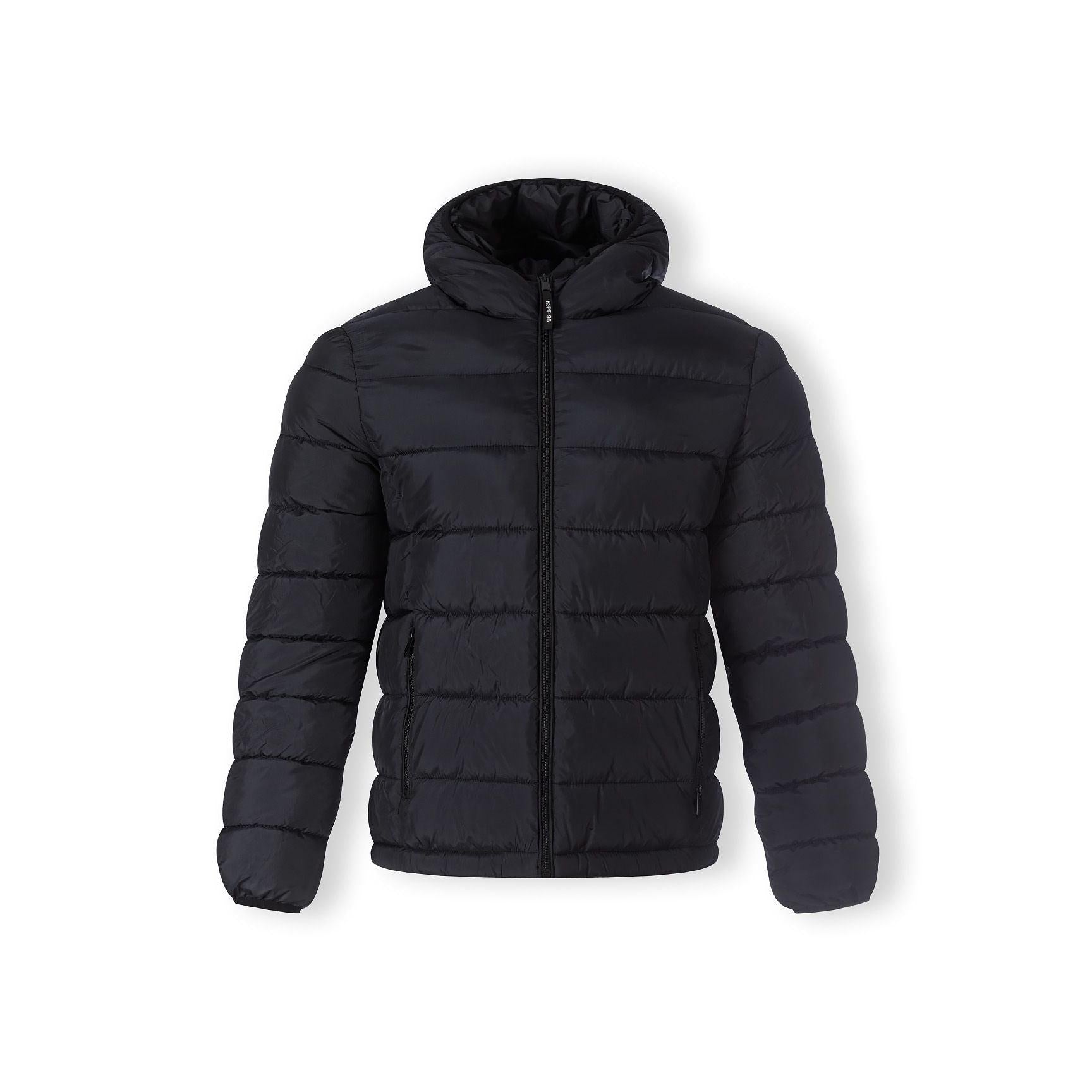 Men's black nylon padded jacket with hood, zip pockets, ribbed cuffs, and hem.