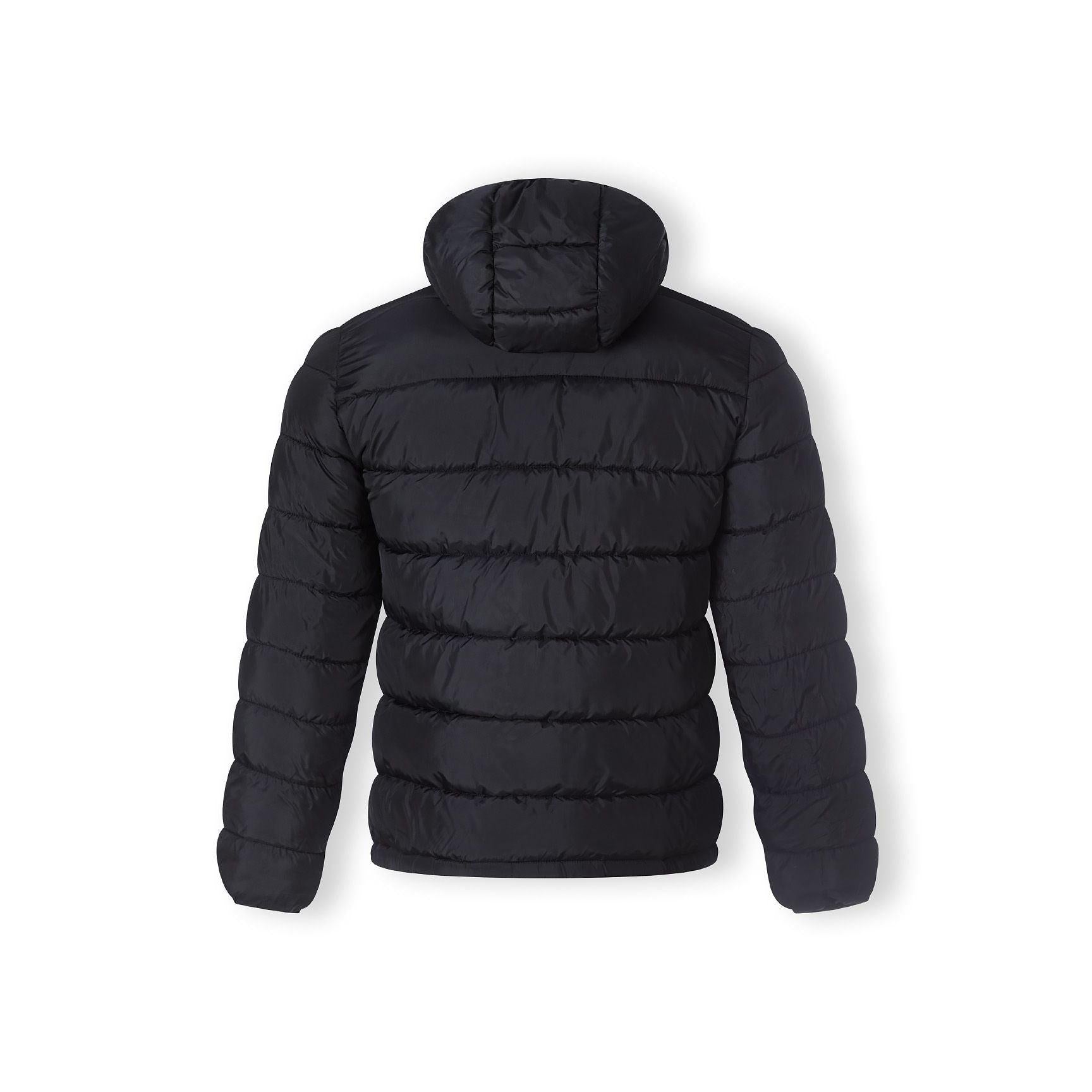 Close-up detail of navy blue padded jacket showing quilted texture, zip closure and stitching on white background
