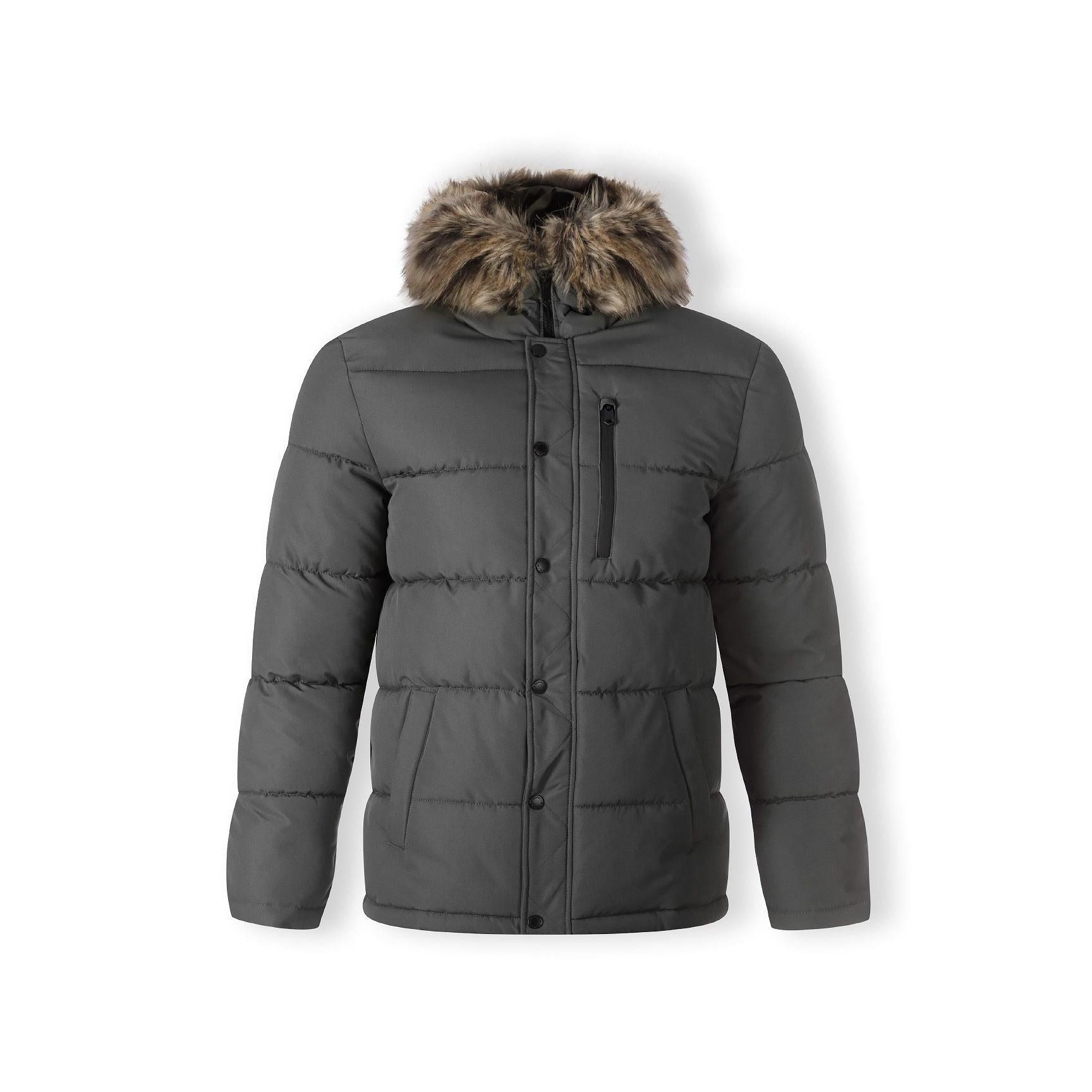 Men's grey padded jacket with faux fur trimmed hood, zip chest pocket, and front zip fastening.
