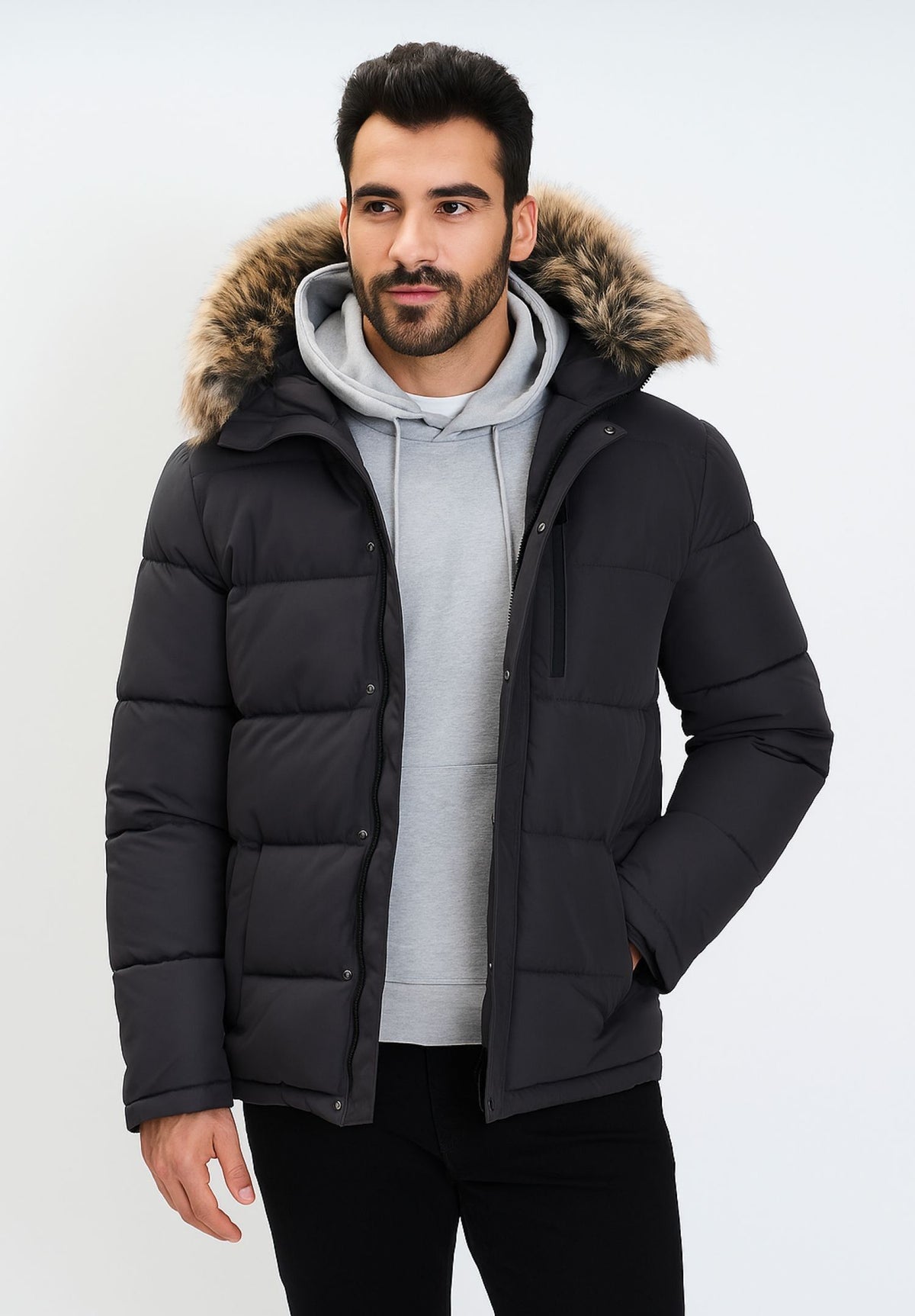 Men's dark grey puffer jacket, shown worn.