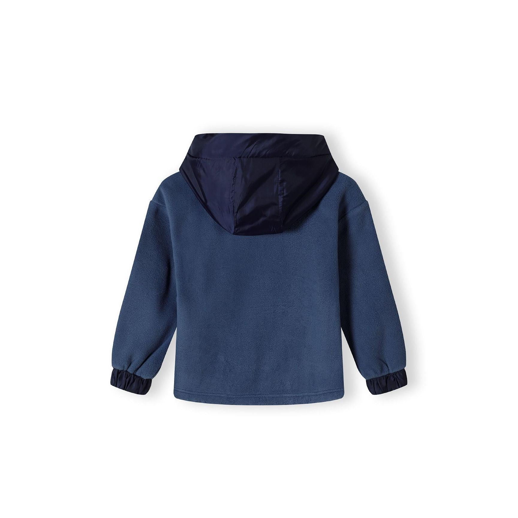 Back view of blue microfleece hoodie showing hood design and overall silhouette on white background
