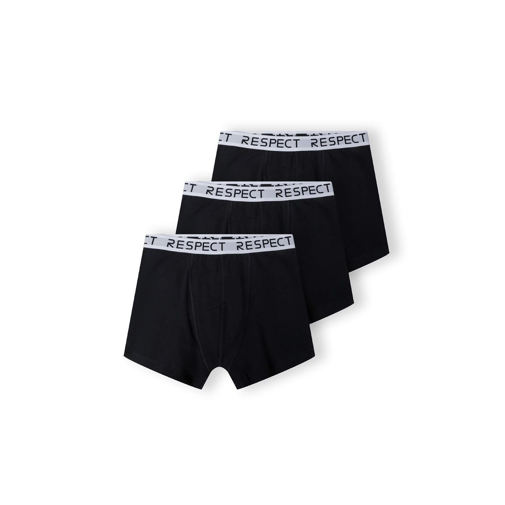 Men's 3-pack black cotton-blend boxers with white "RESPECT" logo waistbands, close cut.