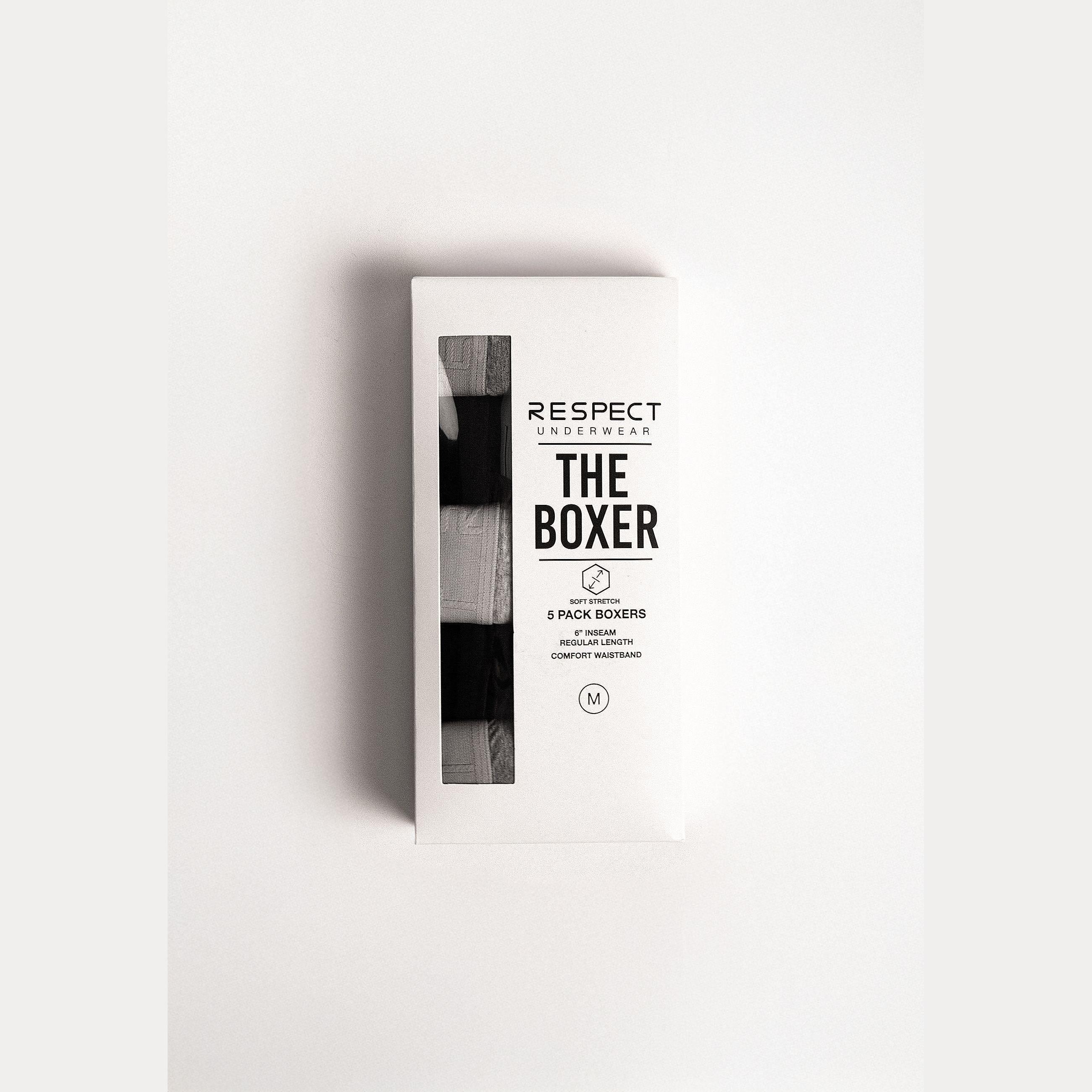 Men's 5-pack grey and black cotton-blend boxers with elastic logo waistband, size M.