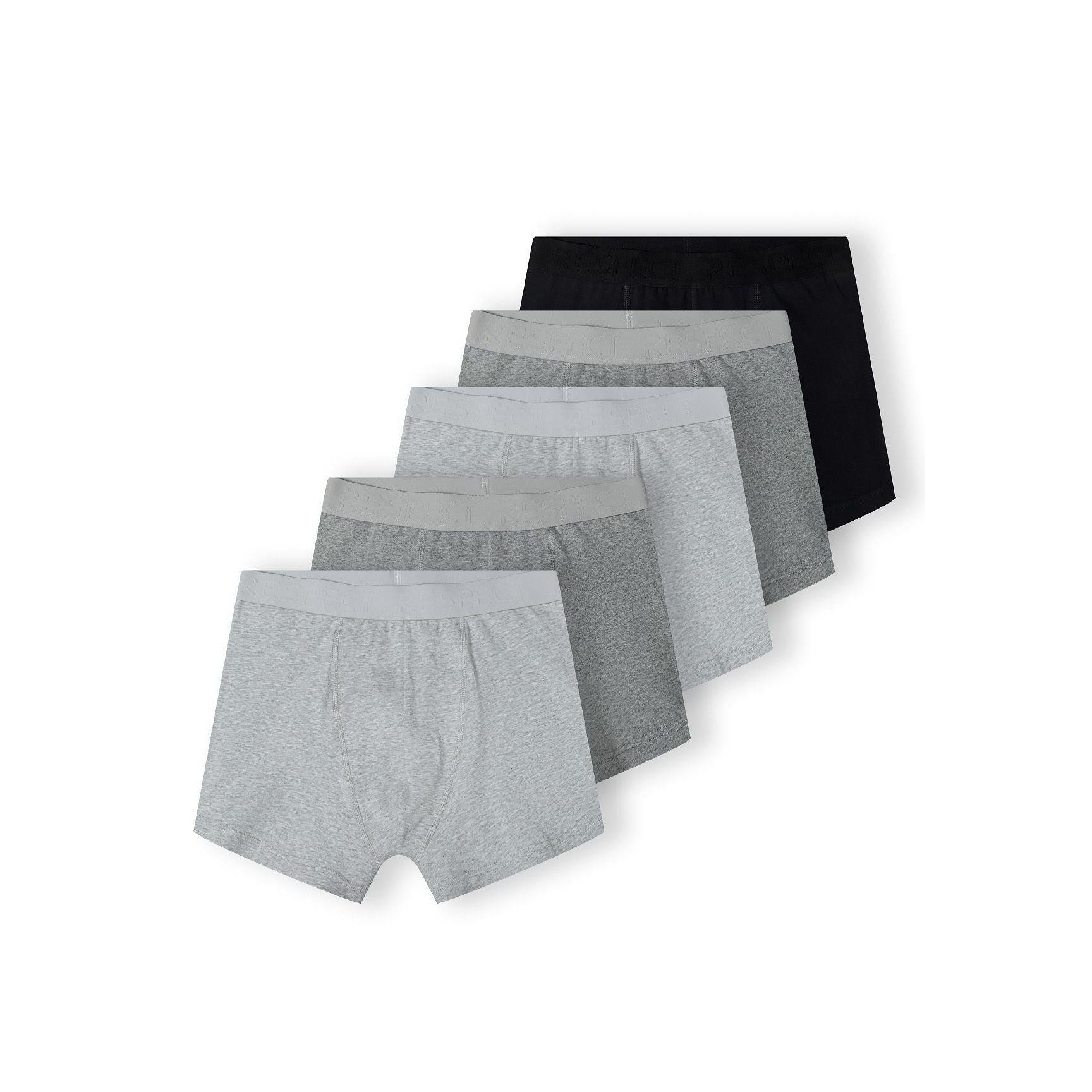 Men's 5-pack cotton-blend boxers in shades of grey and black with elastic logo waistbands.
