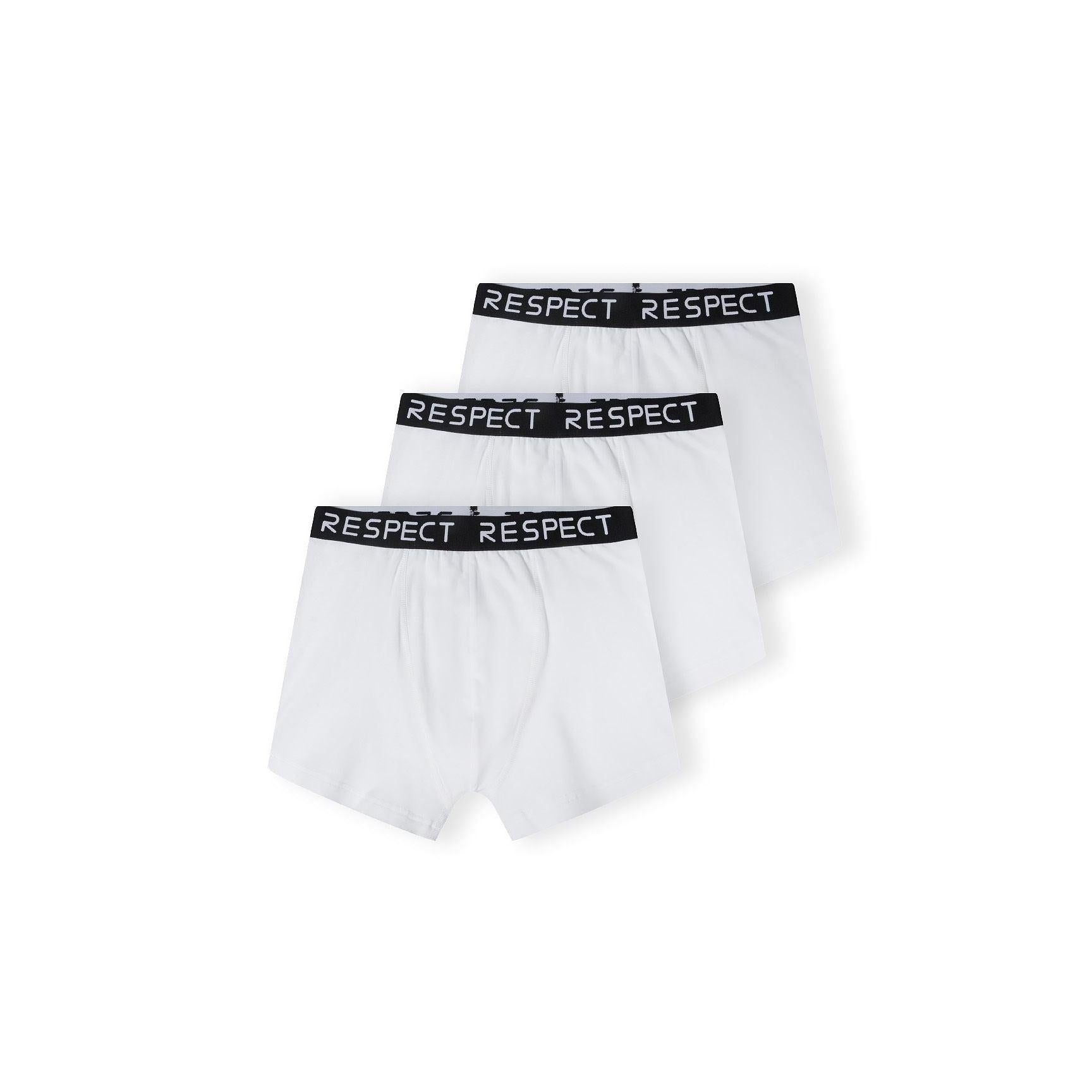 Three white men's cotton-blend boxers with black "RESPECT" branded elastic waistbands, classic cut.