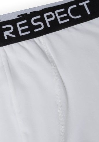 White boxer trunks, black Respect waistband and front seam.