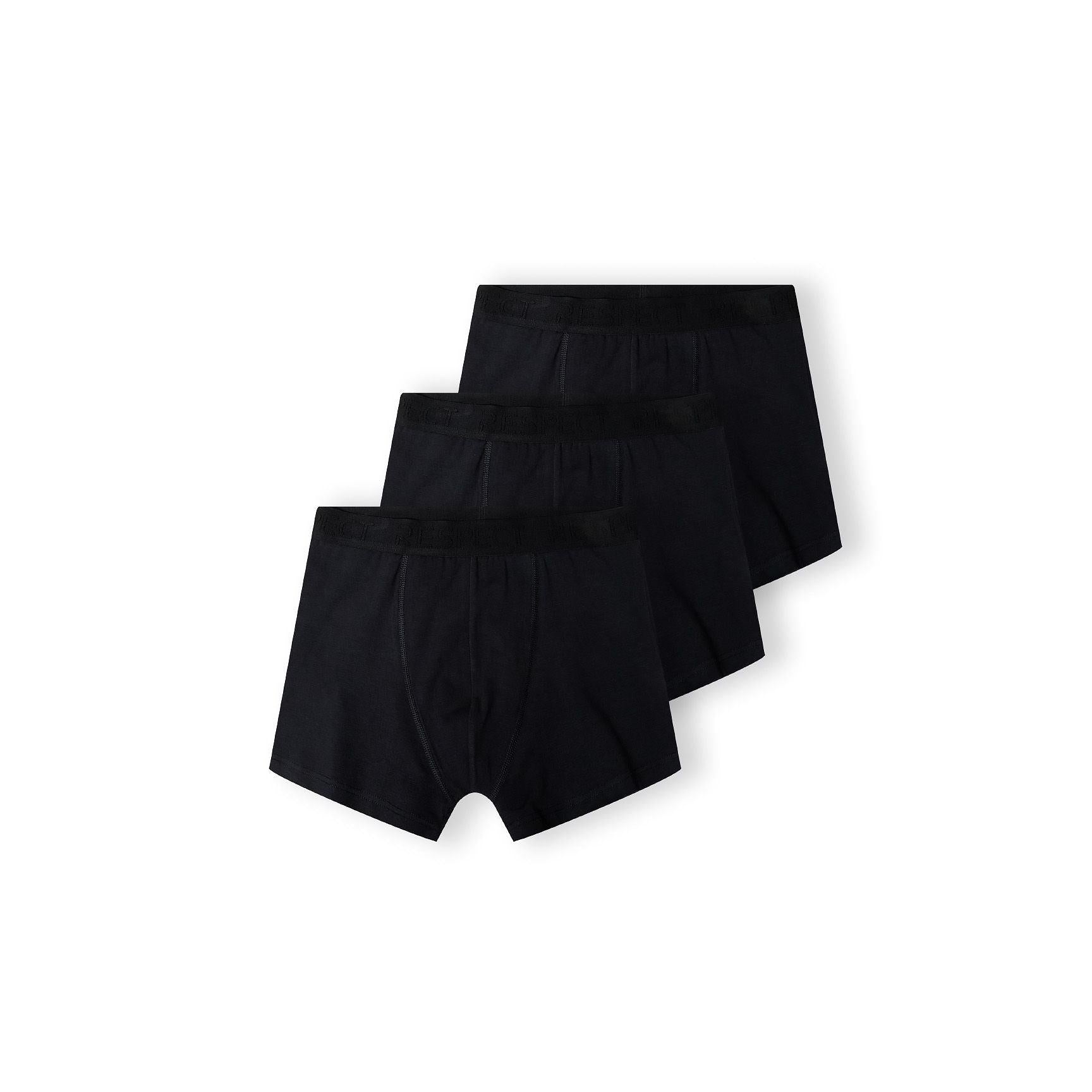Three black men's boxers with a logo elastic waistband, classic cut for comfort.