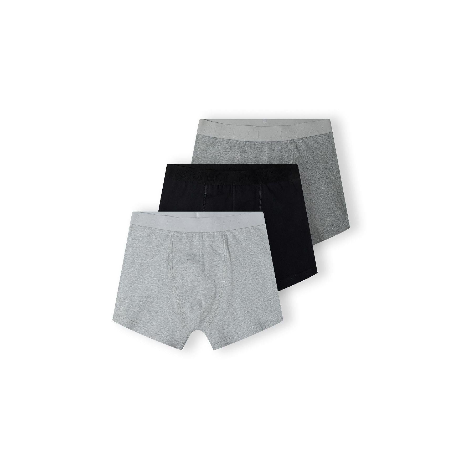 Men's 3-pack cotton-blend boxers: two grey, one black, with branded elastic waistbands.