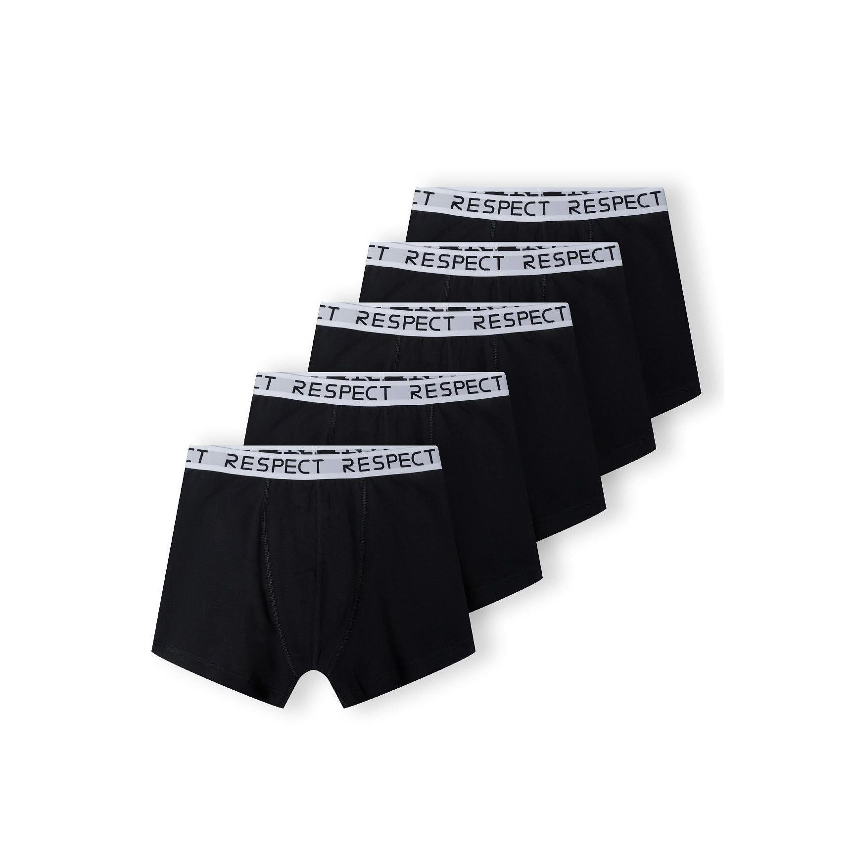 Men's 5-pack black cotton-blend boxers with white "RESPECT" logo waistbands and regular fit.