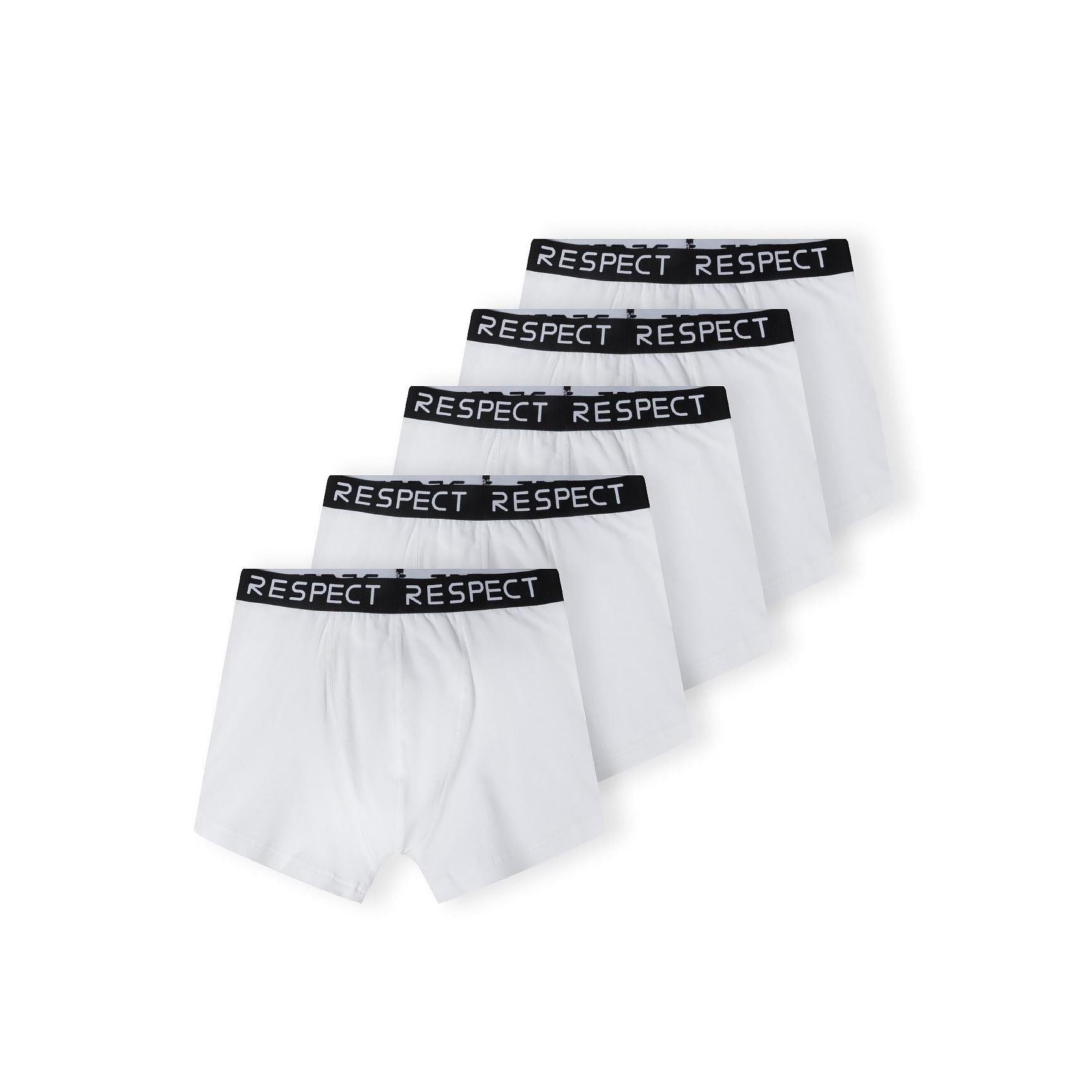 Five white men's cotton-blend boxers with black "RESPECT" branded elastic waistbands, standard cut.