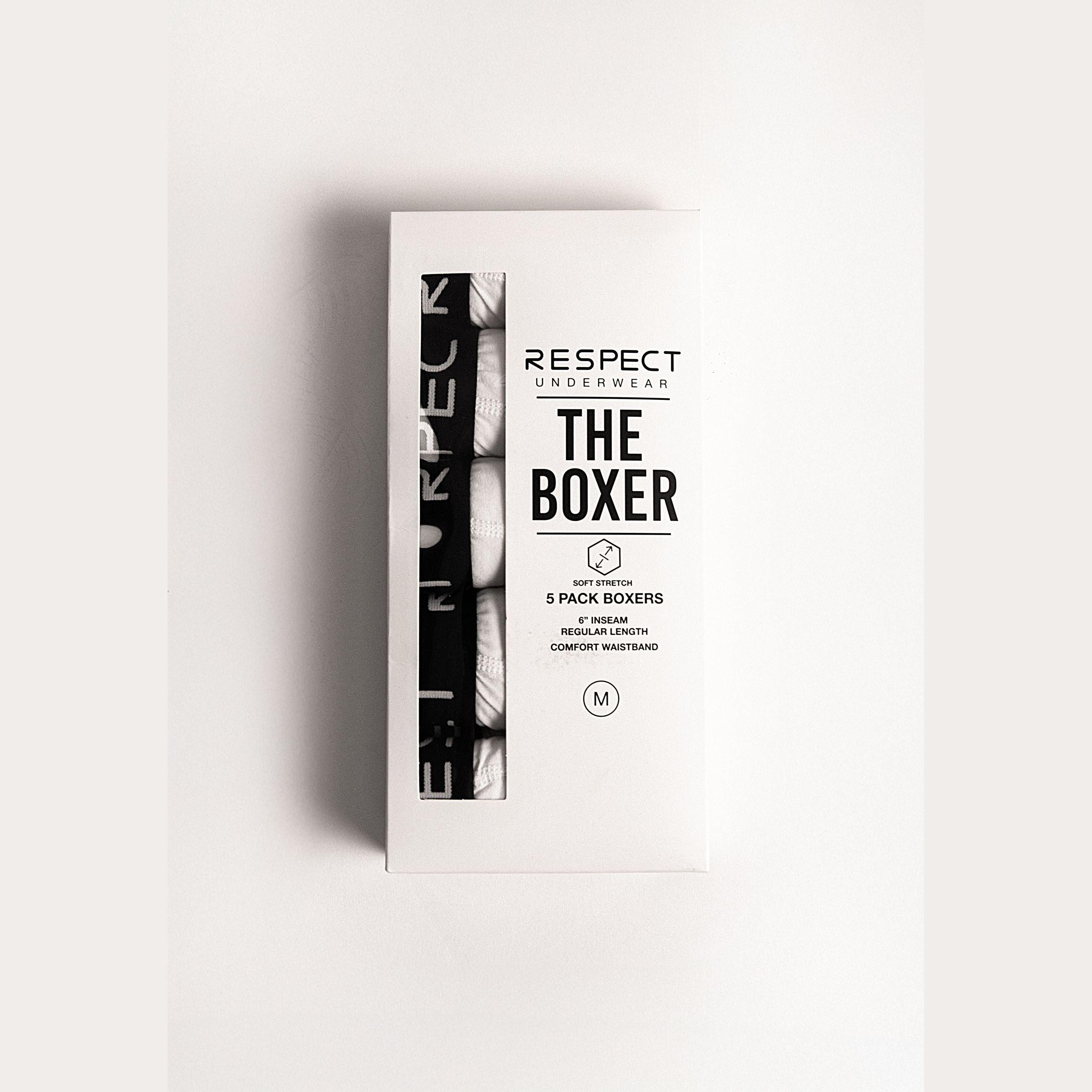 White 5-pack boxers with branded elastic waistband in a retail box, size M.