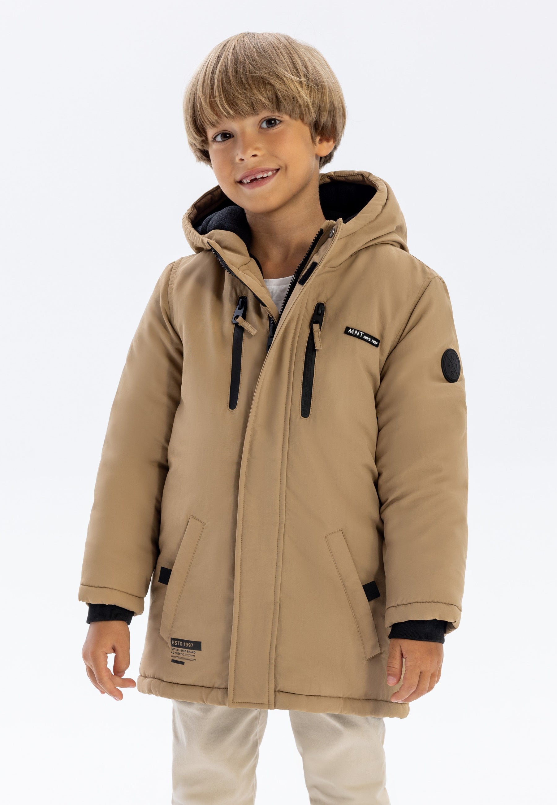 Hooded Parka Jacket, Sherpa Lined, Beige - 1